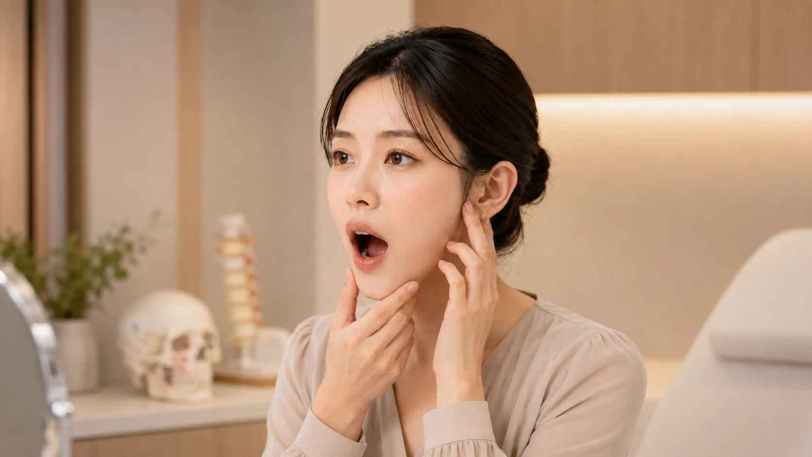 입을 크게 벌릴 때 귀 옆 턱관절에서 소리가 나거나 턱 주변이 자주 뻐근하다.
